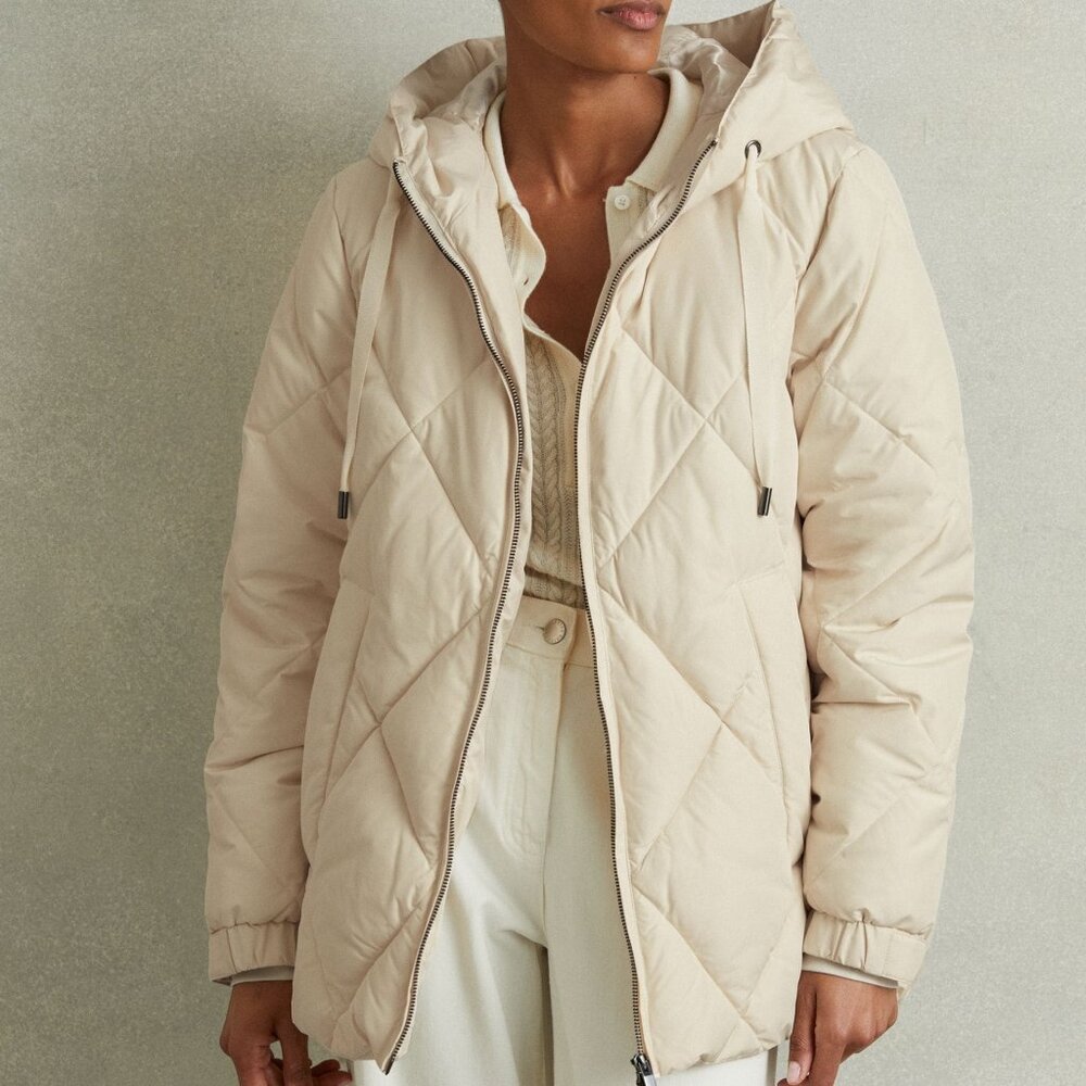 Reiss Cream Quilted Hooded Puffer Jacket Size M